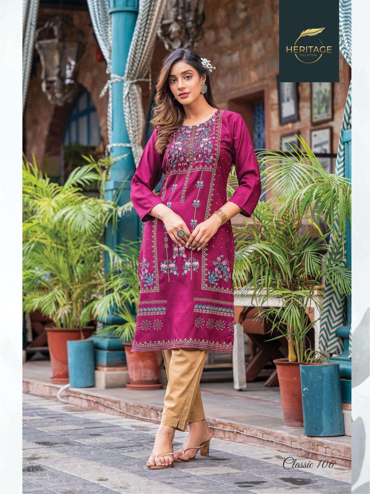 CLASSIC BY RAYON SLUB PRINT WITH HANDWORK DESIGNER KURTI BY HERITAGE COLLECTION BRAND 106